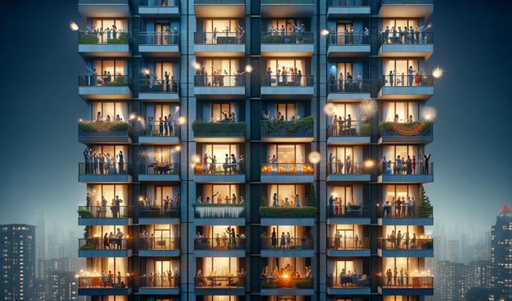 DALL·E 2023 12 19 13.20.46 Create A Highly Realistic, Photo Like Image Showing The Facade Of A Large Residential Building With Various New Year's Celebrations Happening On Diffe