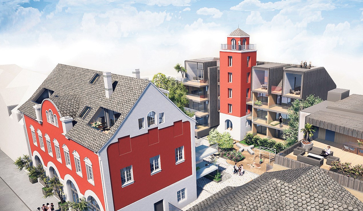 Når HAUBO bygger om den gamle brannstasjonen i Haugesund til leiligheter, tar de vare på flere deler av det originale bygget. Illustrasjon: Vikanes Bungum Arkitekter/HAUBO